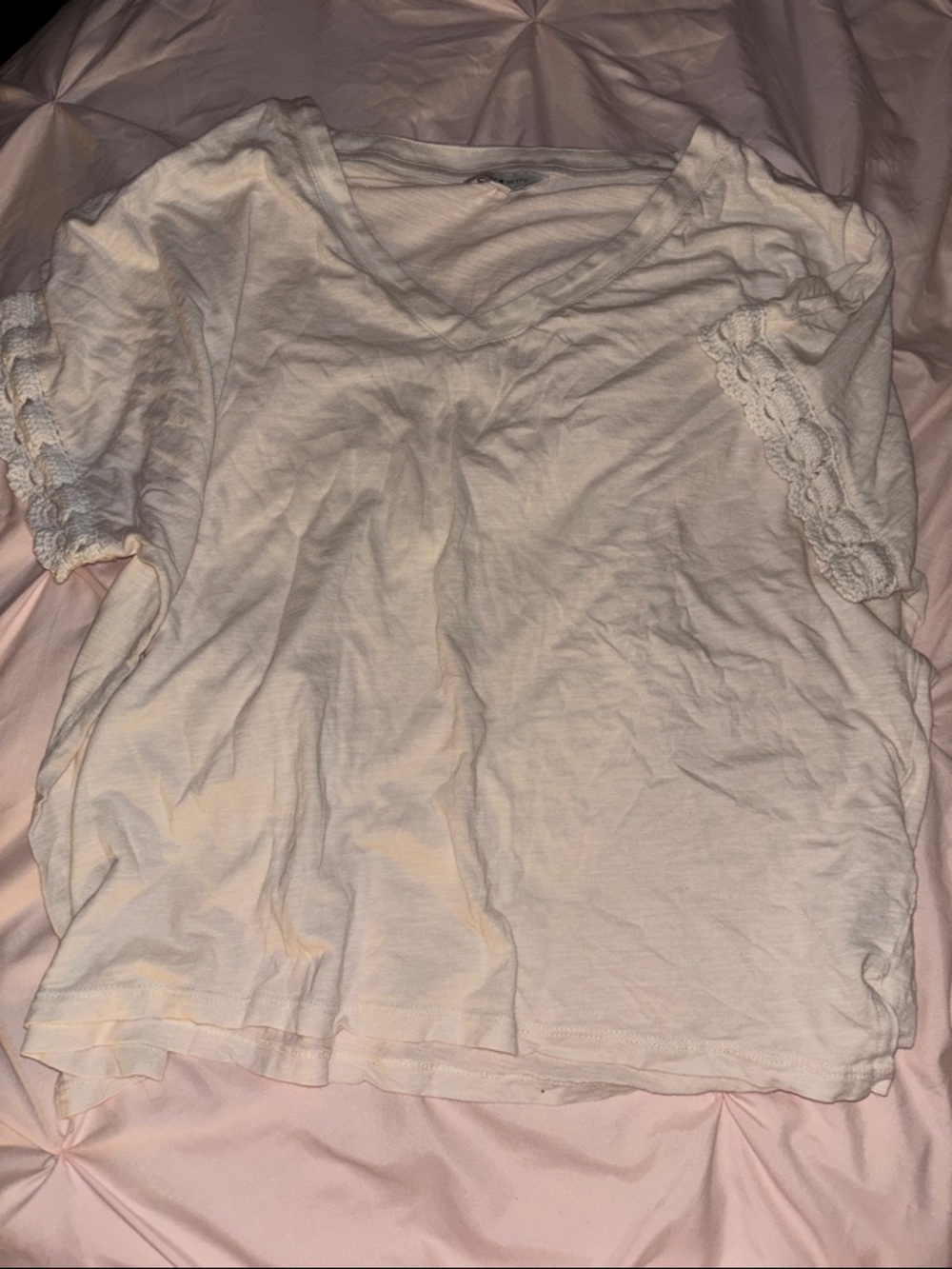 Lucky Brand White V-Neck Tee with Lace Trim Sleeves